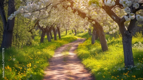 A picturesque path meanders through an orchard with white flowering trees  bathed in the warm glow of spring sunshine