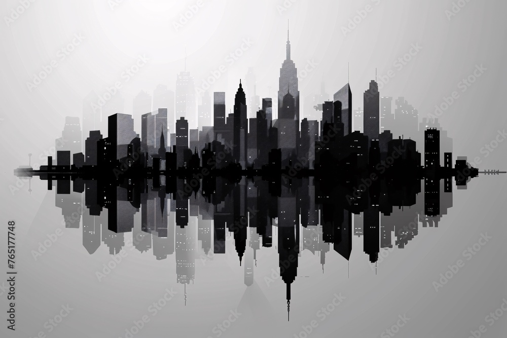a silhouette of a city with a reflection of a building