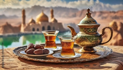 Tea set with an ornate pot and cups. A scenic desert city reflects the warmth of Middle Eastern culture