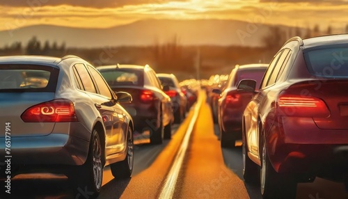 Vehicles caught in a sunset commute on a congested highway. Cars queue bumper-to-bumper, bathed in the evening's golden glow, awaiting progression. photo