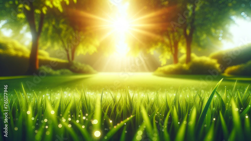 Fresh Green Lawn with Golden Sunshine and Dew Drops