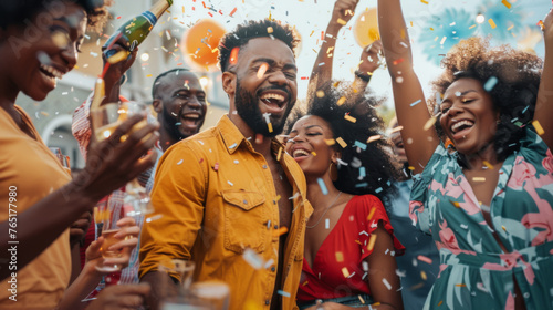 A group of friends is enjoying a vibrant party with confetti and balloons.
