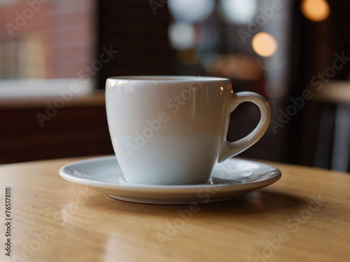 A cup of hot fragrant coffee is on the table. An invigorating coffee drink in a ceramic mug with a pattern.