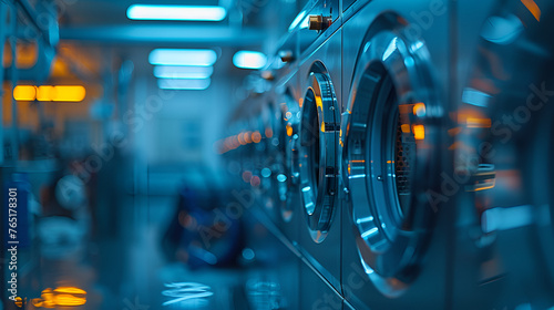Industrial washing machines in the laundry. blurry, multiple industrial washing machines in modern laundry shop. Cleanliness concept of cleaning and laundry. Generative Ai 