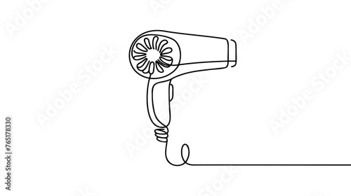 One continuous line drawing of hair dryer electric home appliance. Woman electricity stuff household tools template concept. Trendy single line draw design vector graphic illustration.