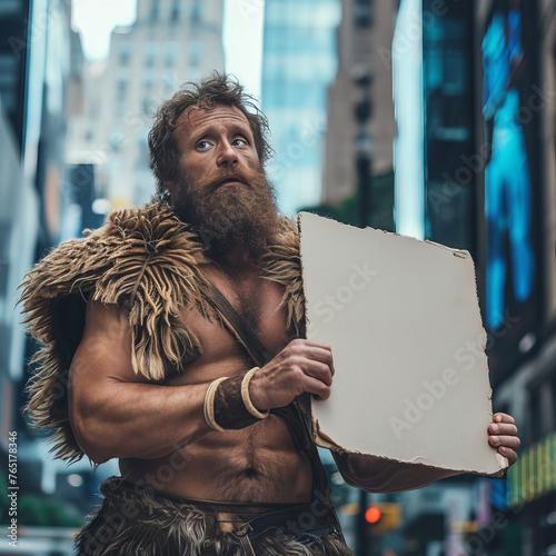Prehistoric Cave Man in Modern Big City Among Skyscrapers Holding a Blank Sign photo