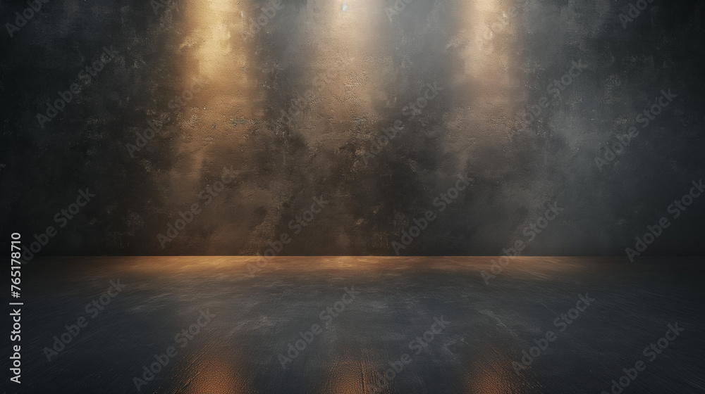 Black stone dark background for product advertising. Wall with marble for product display, minimalism style. Warm light. Black stone dark background for product advertising. Wall with marble for product display, minimalism style. Warm light.
