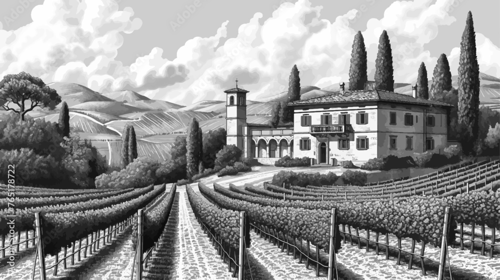 Naklejka premium Tuscan villa surrounded by lush vineyards, with cypress trees under a dynamic sky sketch engraving generative ai vector illustration. Scratch board imitation. Black and white image.