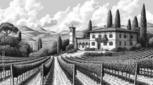 Tuscan villa surrounded by lush vineyards  with cypress trees under a dynamic sky sketch engraving generative ai vector illustration. Scratch board imitation. Black and white image.