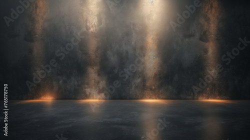 Black stone dark background for product advertising. Wall with marble for product display, minimalism style. Warm light.
