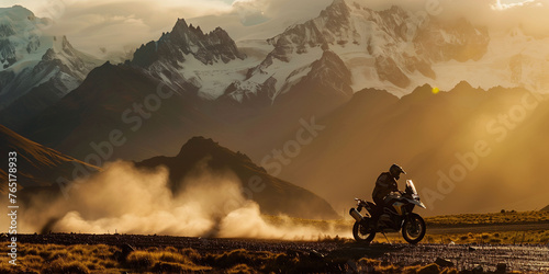 Motorcyclist Riding at Sunset in the Andes Mountains