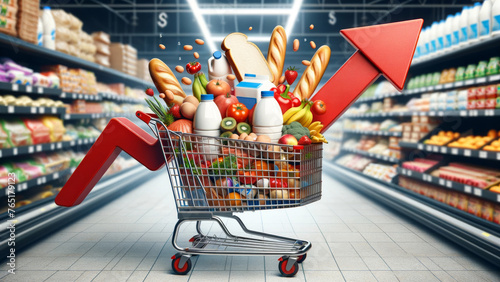 Shopping Cart and Upward Arrow Illustrating Food Inflation