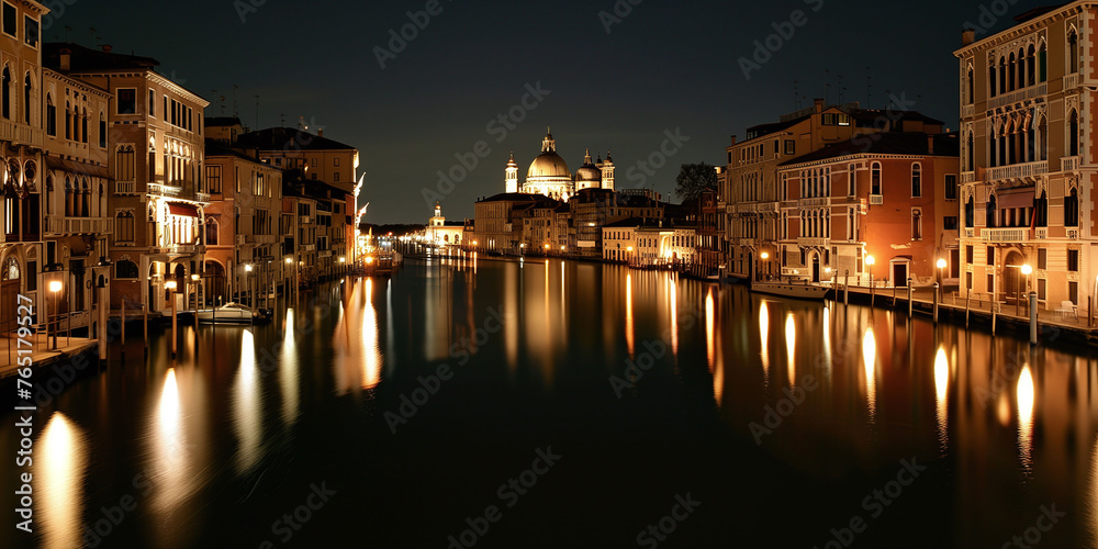 Illuminated Venetian Canal at Night, Venice Italy