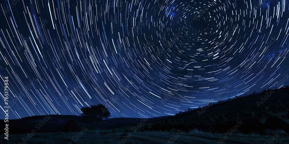 Fototapeta premium Circular Star Trails Above Serene Night Landscape