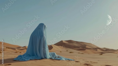 Arab man with a blue turbant at a sunset in the desert photo