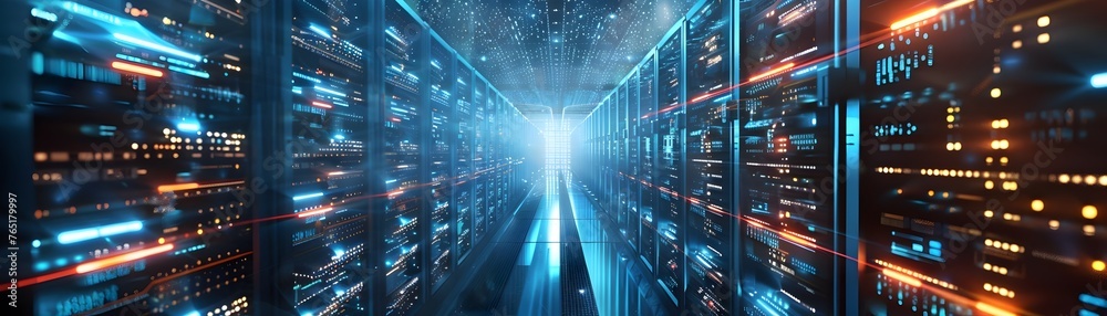 Data Center with Lights and Racks, To showcase the power and capabilities of a modern data center Data Center with Lights and Racks, To showcase the power and capabilities of a modern data center