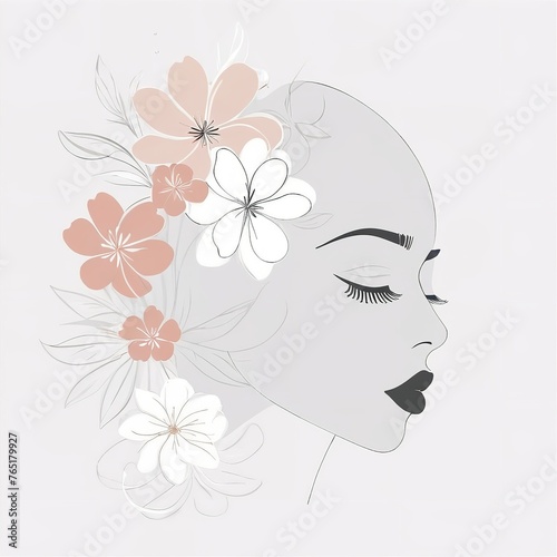 Abstract female face in one line. Woman face with flowers Surreal Line art female floral girl. Minimalism Abstract modern Continuous single line woman face portrait 