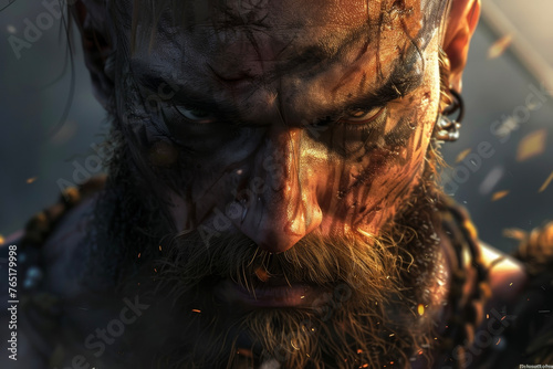 A bearded combatant, scars crisscrossing his face, muscles taut. The light highlights the grit in his expression