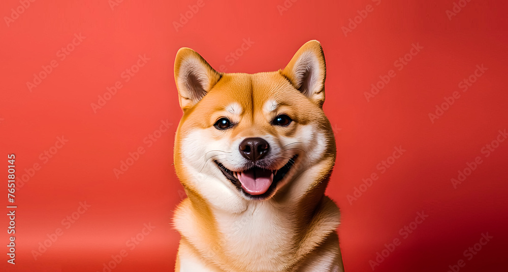 Cheerful smiling shiba inu dog isolated on a red background with text space. Generative AI. V-2