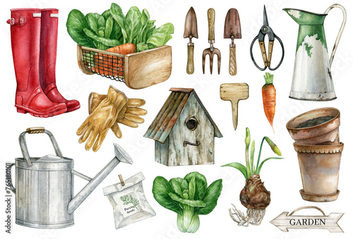 Watercolor garden tools,Country farm gardening, Farmhouse tools clipart,vegetable,Vintage rusty element, watering can, birdhouse, flower pot,colander with salad leaf,red rubber boots,spring flowers photo