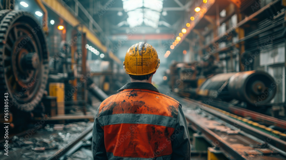 A worker in dirty overalls and a hard hat stands observing machinery in an industrial factory. A worker in dirty overalls and a hard hat stands observing machinery in an industrial factory.