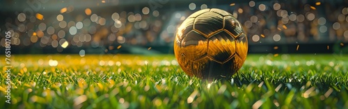 a portrait of a golden soccerball rolling over green grass