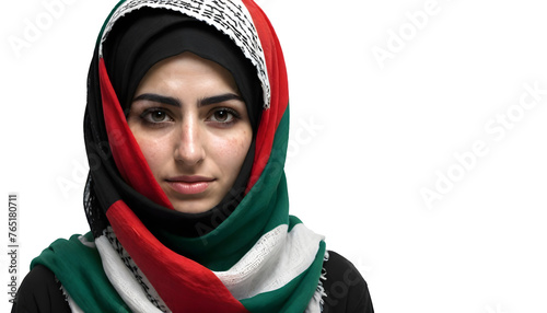 PNG Palestinian woman, Hijab, Flag of Palestine image. Free for use. Palestine woman with Palestine flag fighting for freedom, Woman wearing Palestine flag shawl