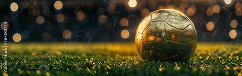 a portrait of a golden soccerball rolling over green grass