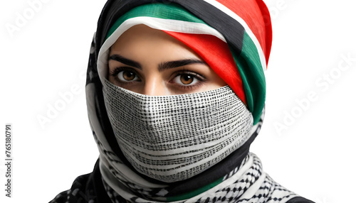 PNG Palestinian woman, Hijab, Flag of Palestine image. Free for use. Palestine woman with Palestine flag fighting for freedom, Woman wearing Palestine flag shawl