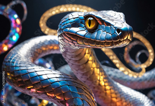 Beautiful mother-of-pearl snake. Magic reptile