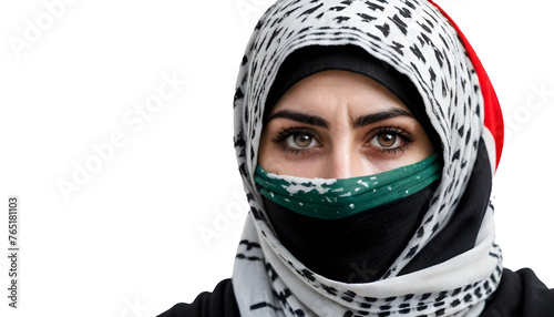 PNG Palestinian woman, Hijab, Flag of Palestine image. Free for use. Palestine woman with Palestine flag fighting for freedom, Woman wearing Palestine flag shawl