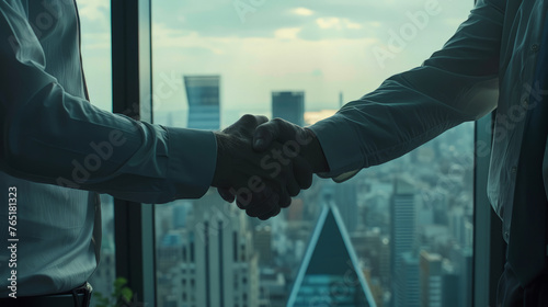 Construction job seeker shaking firm hand with his new employer both in professional attire.