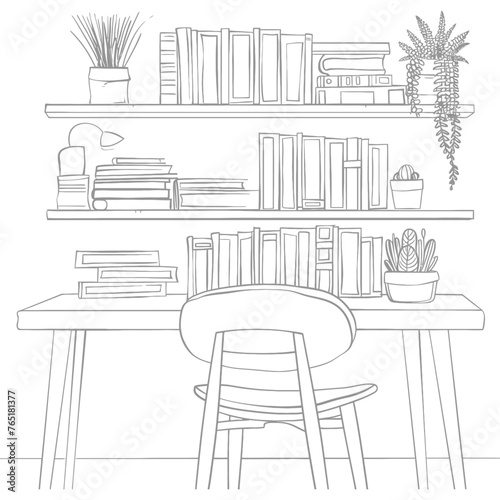 Outline Illustration for The study room has bookshelves and many book in there