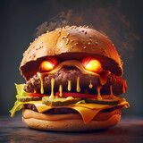 Cheeseburger monster with glowing eyes and teeth of melting cheese