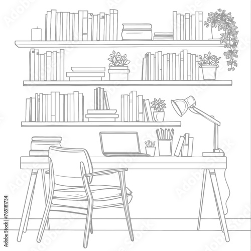 Outline Illustration for The study room has bookshelves and many book in there