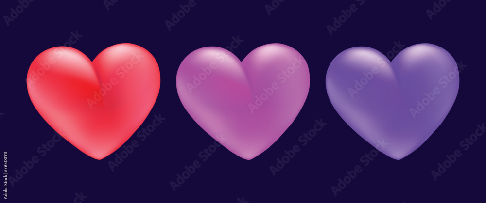 Colorful 3D heart set isolated on dark background. Collection of realistic hearts for Valentine's day design. Vector illustration. Colorful 3D heart set isolated on dark background. Collection of realistic hearts for Valentine's day design. Vector illustration.