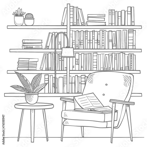 Outline Illustration for in the study room has bookshelves and many book in there