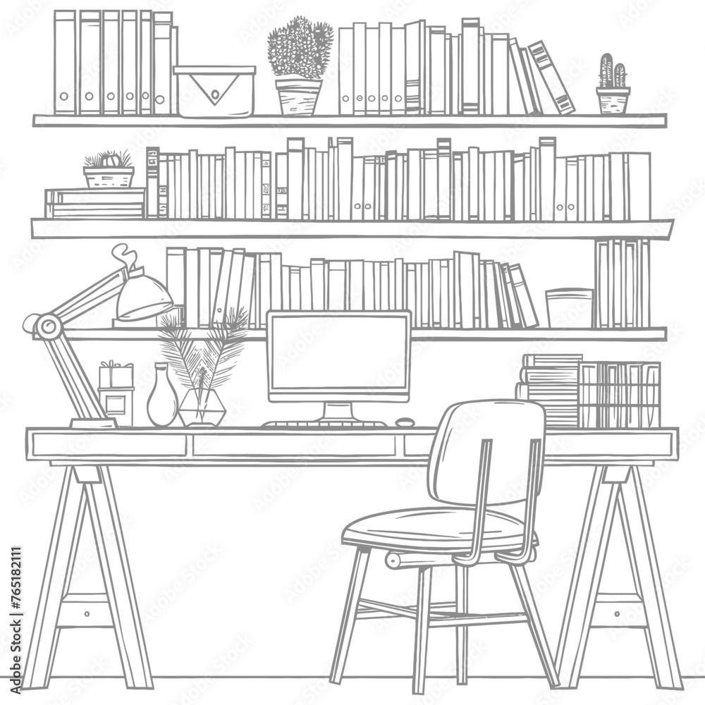 Outline Illustration for in the study room has bookshelves and many book in there Outline Illustration for in the study room has bookshelves and many book in there