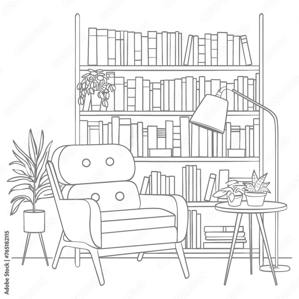 Outline Illustration for in the study room has bookshelves and many book in there Outline Illustration for in the study room has bookshelves and many book in there