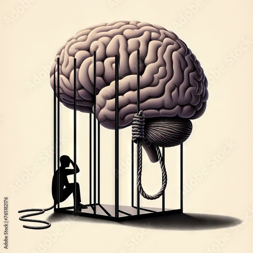 Surreal conceptual artwork depicts a human brain caged, with a figure sitting desolately inside. The image represents the constraints on mental health and freedom. photo