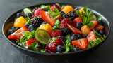 A bowl brimming with a fresh fruit salad, including berries, citrus, and greens, on a dark stone surface.