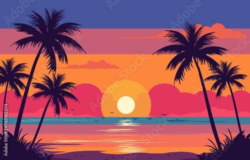 Fototapeta Naklejka Na Ścianę i Meble -  Flat Design Sea Nature Landscape With Beautiful Colorful Sky Sunset