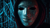 Hooded digital face mask with code pattern on dark abstract background.