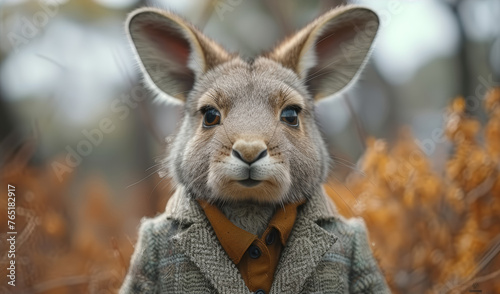 An anthropomorphic figure in business clothing featuring a kangaroo's head, signifying agility and quick decision-making. Concept of responsiveness in business. Generative Ai.