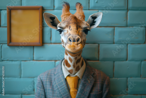 An individual in corporate clothing with a giraffe's head, representing a broad perspective and farsightedness in business. Concept of visionary leadership. Generative Ai. photo