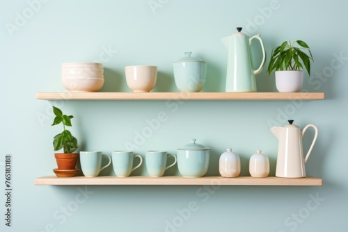 A harmonious display of kitchen ceramics in soft hues on wooden shelves, offering a serene and organized kitchen environment