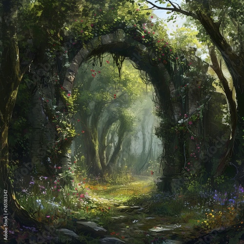 An enchanted forest archway leading into a mystical pathway, evocative of fairy tales and adventure, perfect for fantasy literature or game environments.