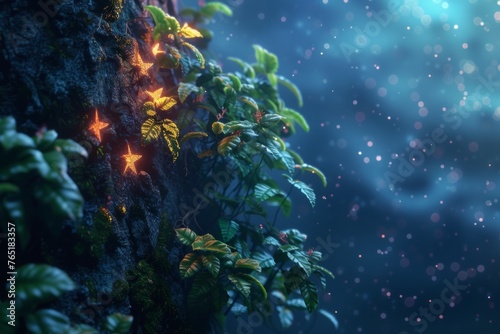 Ivy and leaves on a tree trunk with starry sparks  invoking a fantasy world atmosphere  perfect for magical story backgrounds or nature-inspired designs.