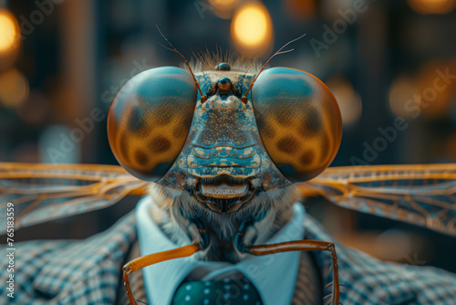 An anthropomorphic character in business attire with a dragonfly's head, symbolizing agility and quick decision-making in business. Concept of nimble leadership. Generative Ai.