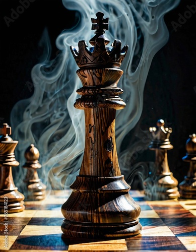 A striking black chess king enveloped in wisps of smoke stands proudly on a chessboard, evoking a sense of strategic contemplation and regal power. The contrasting light accentuates the intricate